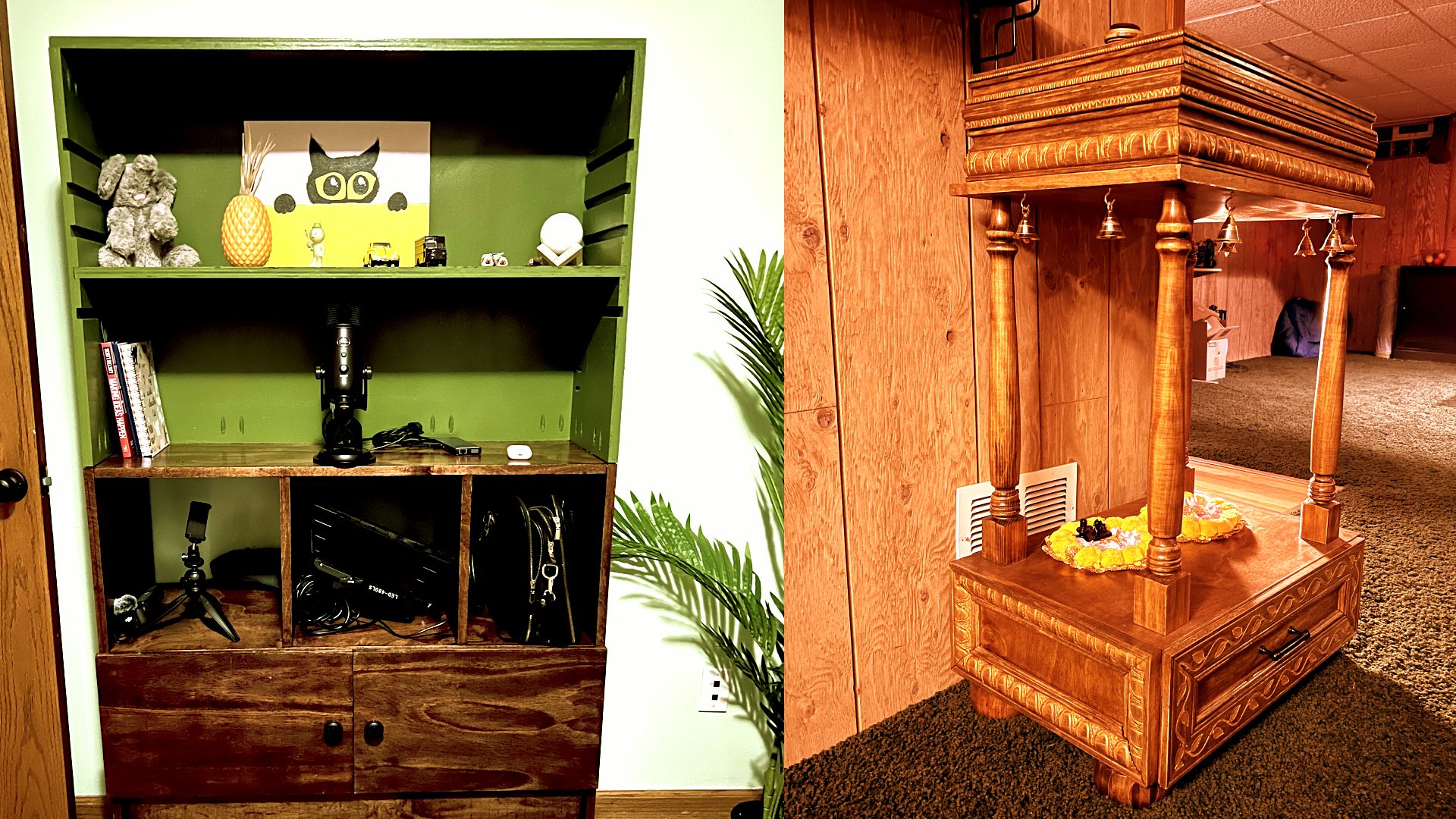 Custom made furniture. Left: Bookcase with cabinet doors and drawer. Right: Pooja Mandir.