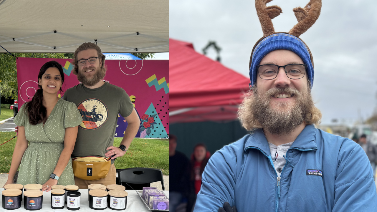 Left: Elijah and Deepti Wilson at the Brighton Farmers Market in 2024. Right: Elijah at the Brighton Christmas Market in 2024.